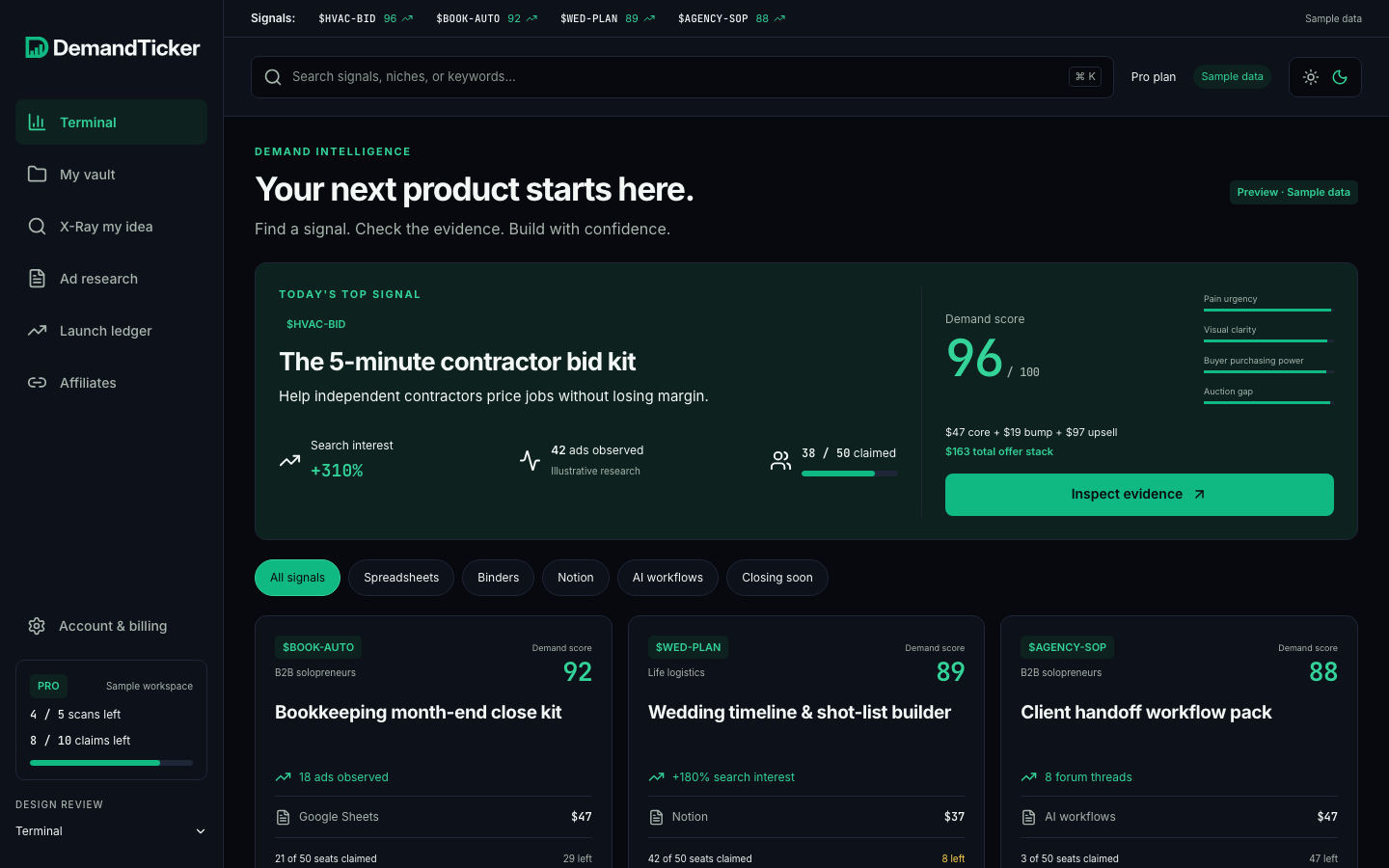 DemandTicker dark-mode interface preview with clearly labeled illustrative sample data