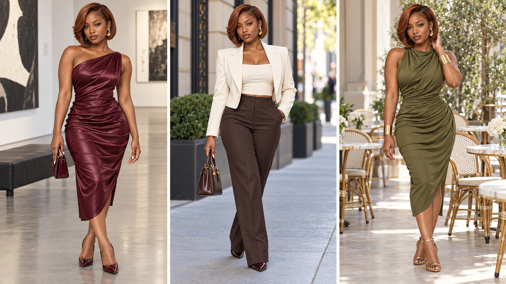 Illustrative wardrobe variations: burgundy evening dress, tailored city look and olive café look