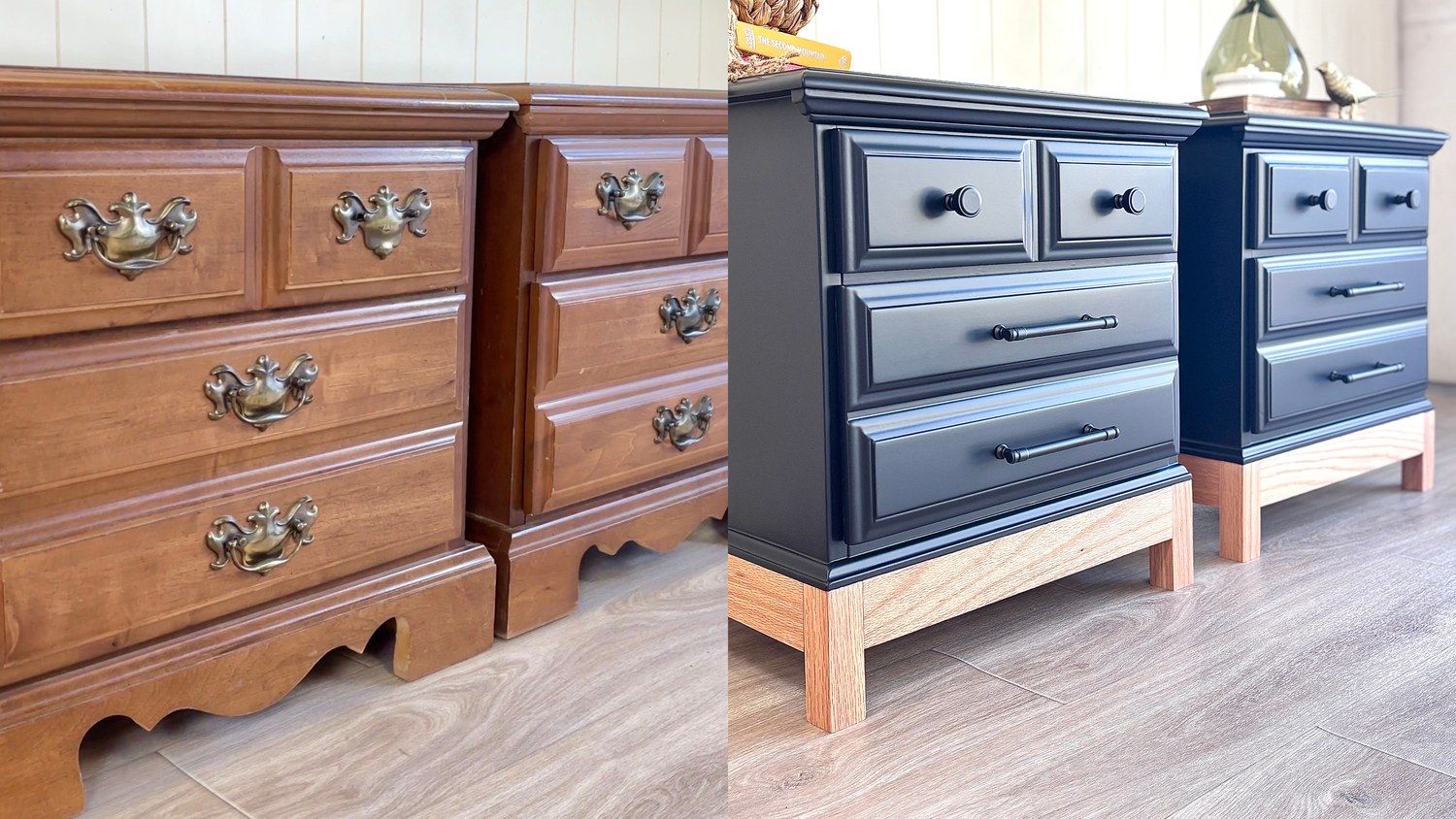 Brown dresser before and navy blue dresser after refinishing