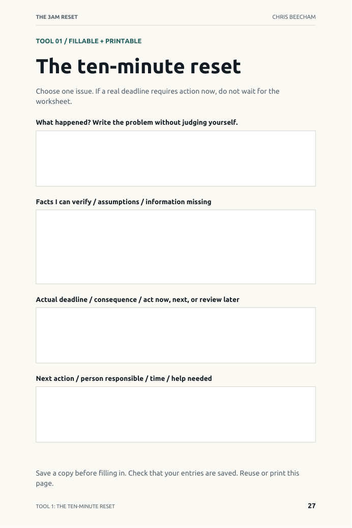 Actual 3AM Reset worksheet with four prompts for sorting an urgent business problem