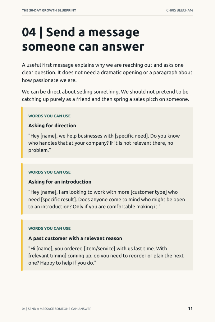 Actual Growth Blueprint page with three customer outreach scripts