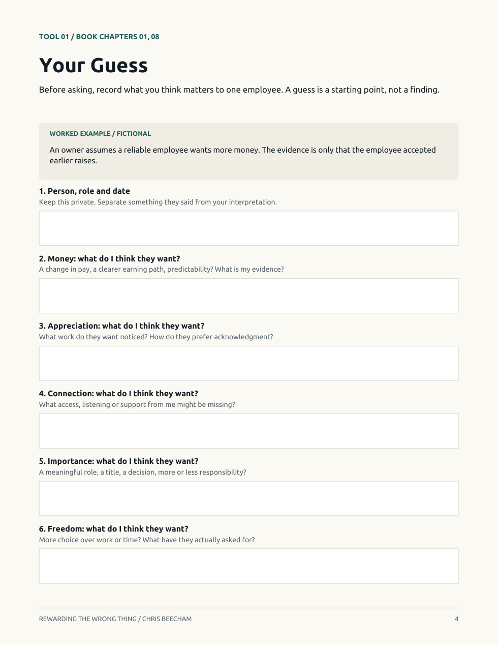 Actual workbook page: Your Guess, with six prompts and a worked example